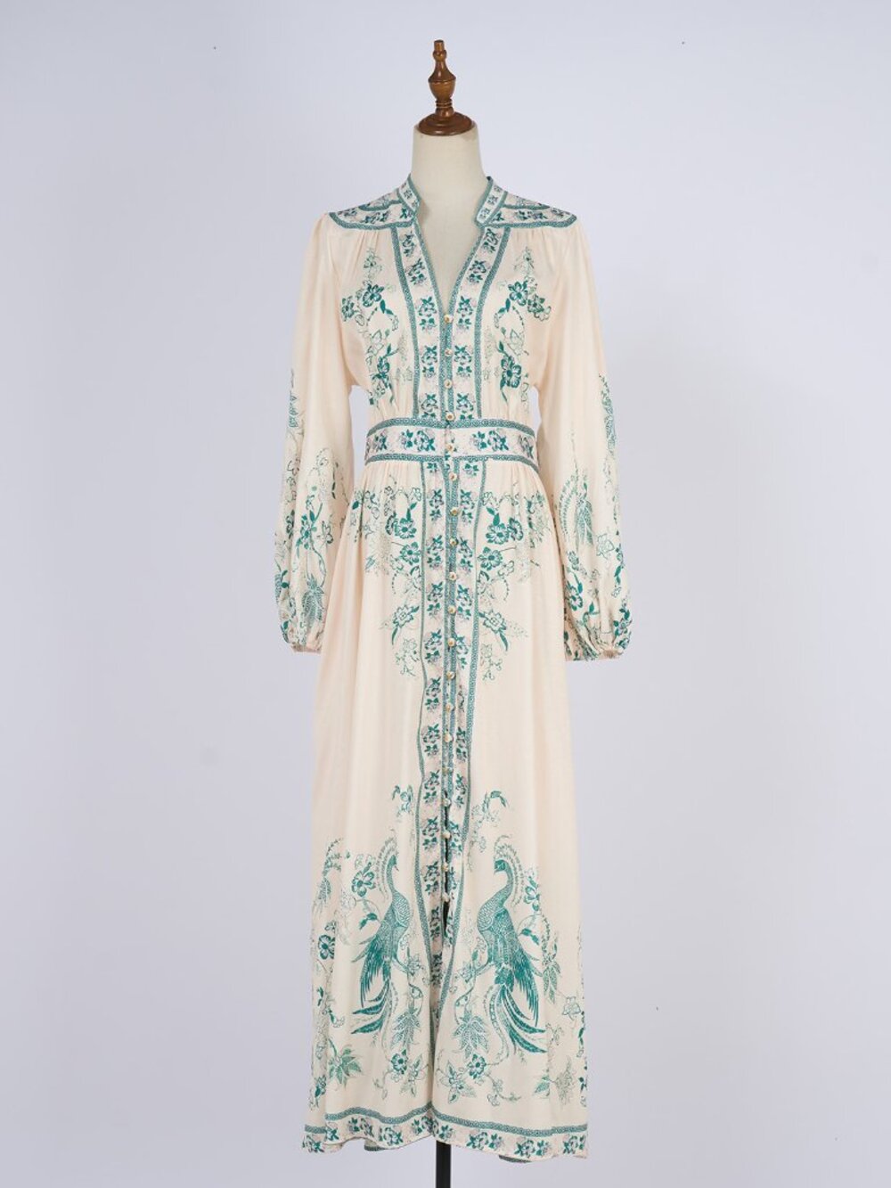 Vintage Cream & Teal Floral Bird Print Prairie Maxi Dress - Picture 2 of 14